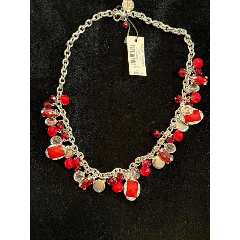 WHBM Necklace w/Red Bead Dangles, Bezel Set Rhinestones